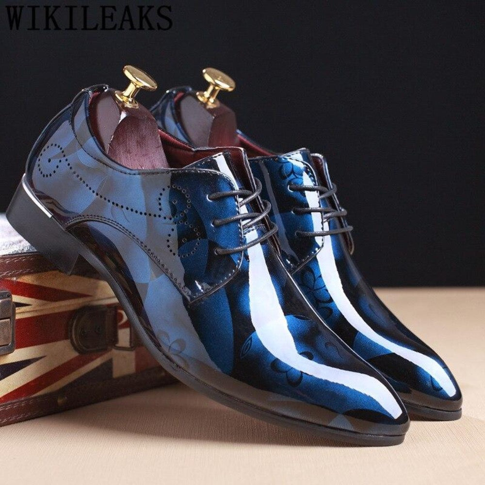 chinese dress ladies Glossy Leather Derby Shoes for Men Blue / 8