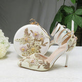 White Lace Flower Wedding Party Shoes With Matching Clutch Bags-Shoes Bags-radekus