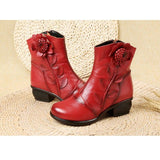 Genuine Leather Winter Ankle Boot Shoes With Flower Design & Pattern-shoes-radekus
