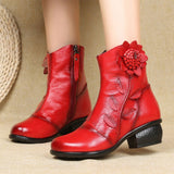 Genuine Leather Winter Ankle Boot Shoes With Flower Design & Pattern-shoes-radekus