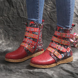 Women Snow Boots Ankle Length With Flower Prints Buckle Straps-Shoes-radekus