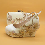 White Lace Flower Wedding Party Shoes With Matching Clutch Bags-Shoes Bags-radekus