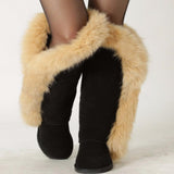 Genuine Fur Leather Knee Long Winter Snow Boots For Women