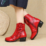 Genuine Leather Winter Ankle Boot Shoes With Flower Design & Pattern-shoes-radekus