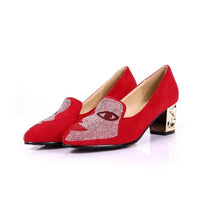 Square Heel Pumps Shoes With Abstract Face Design For Women
