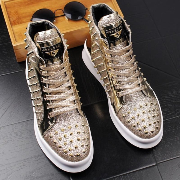 Red Glitter Gold Spikes Punk Rock Mens High Top Lace Up Sneakers Shoes