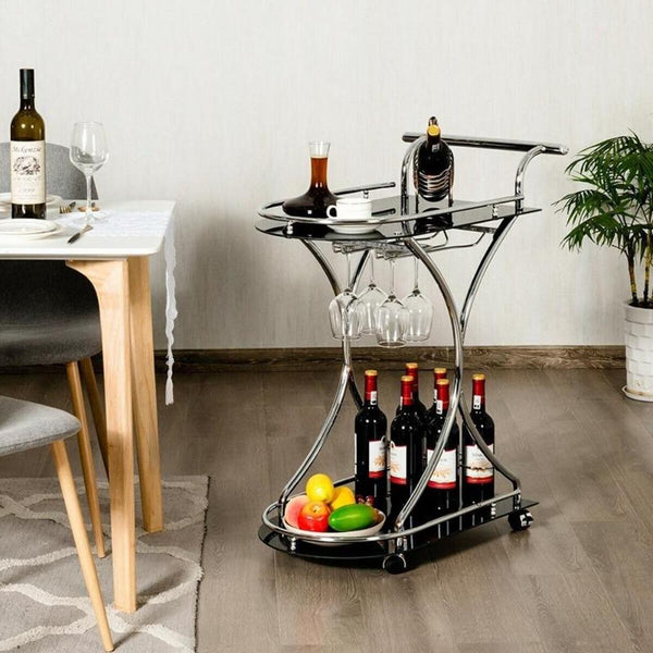 Rolling Bar Cart With Glass Shelves, Glass Racks & Wine Bottle Holder-Kitchen-radekus